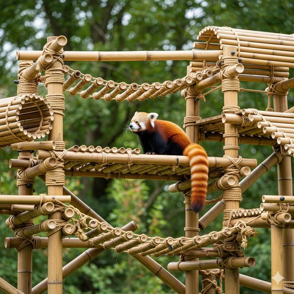 A red Panda sitting on a really cool climbing frame made of bamboo