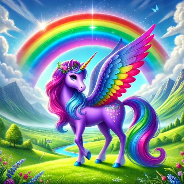 Purple Unicorn with a rainbow in the background